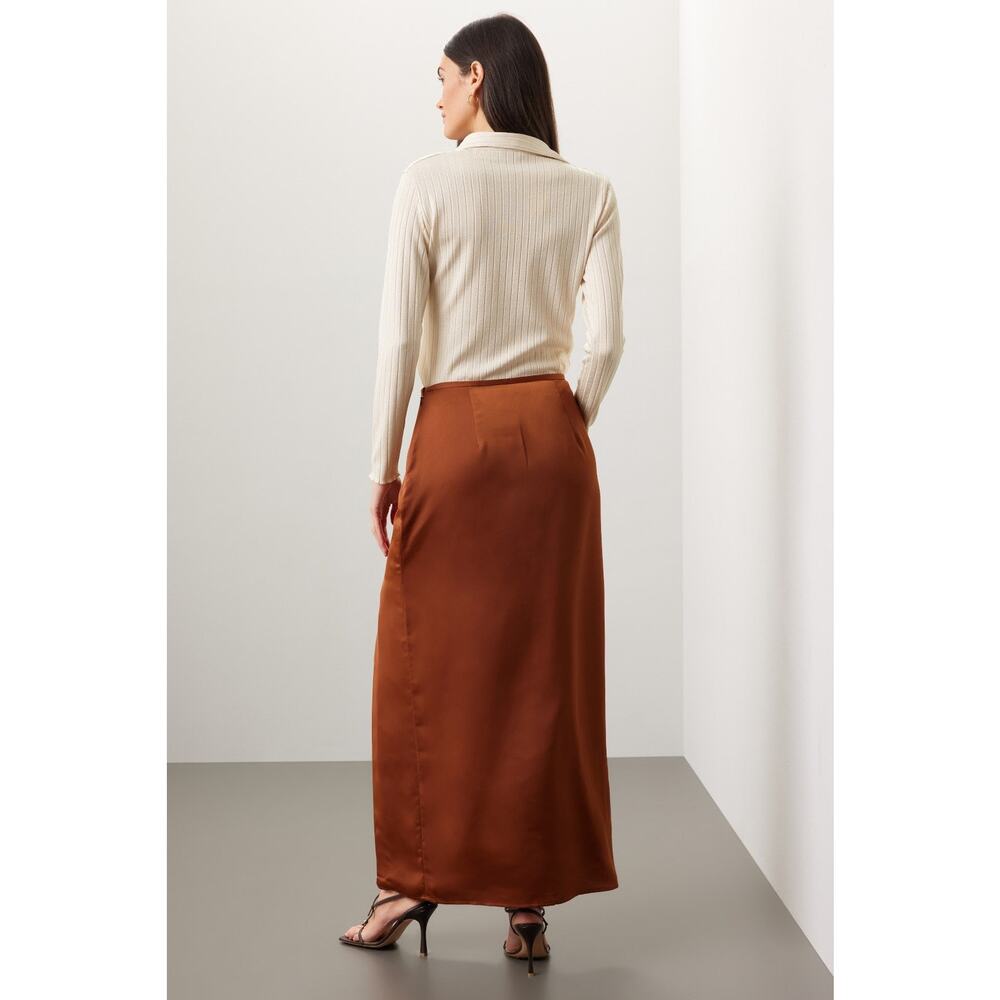 Club Monaco Trycia Brown Slit Satin Bias Midi Skirt Size 6 - Picture 3 of 14